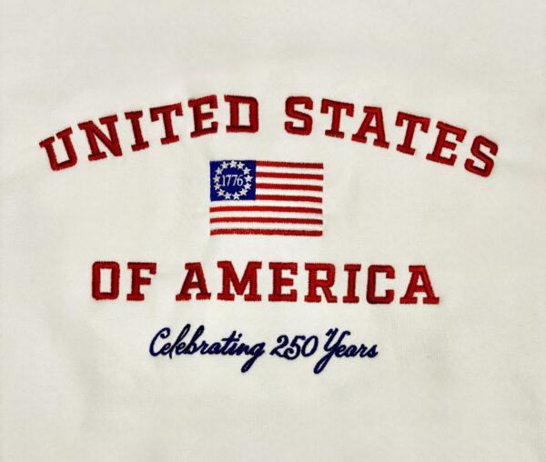 USA 250 Embroidered White Sweatshirt (Close-up)